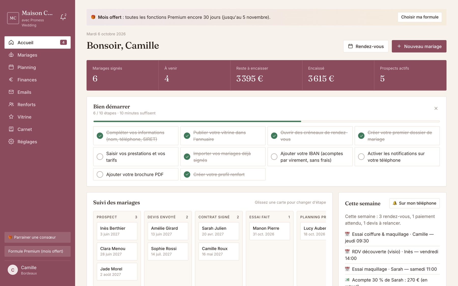 Tableau de bord Proness Wedding : mariages signés, sommes encaissées, suivi des mariages par étape et rendez-vous de la semaine