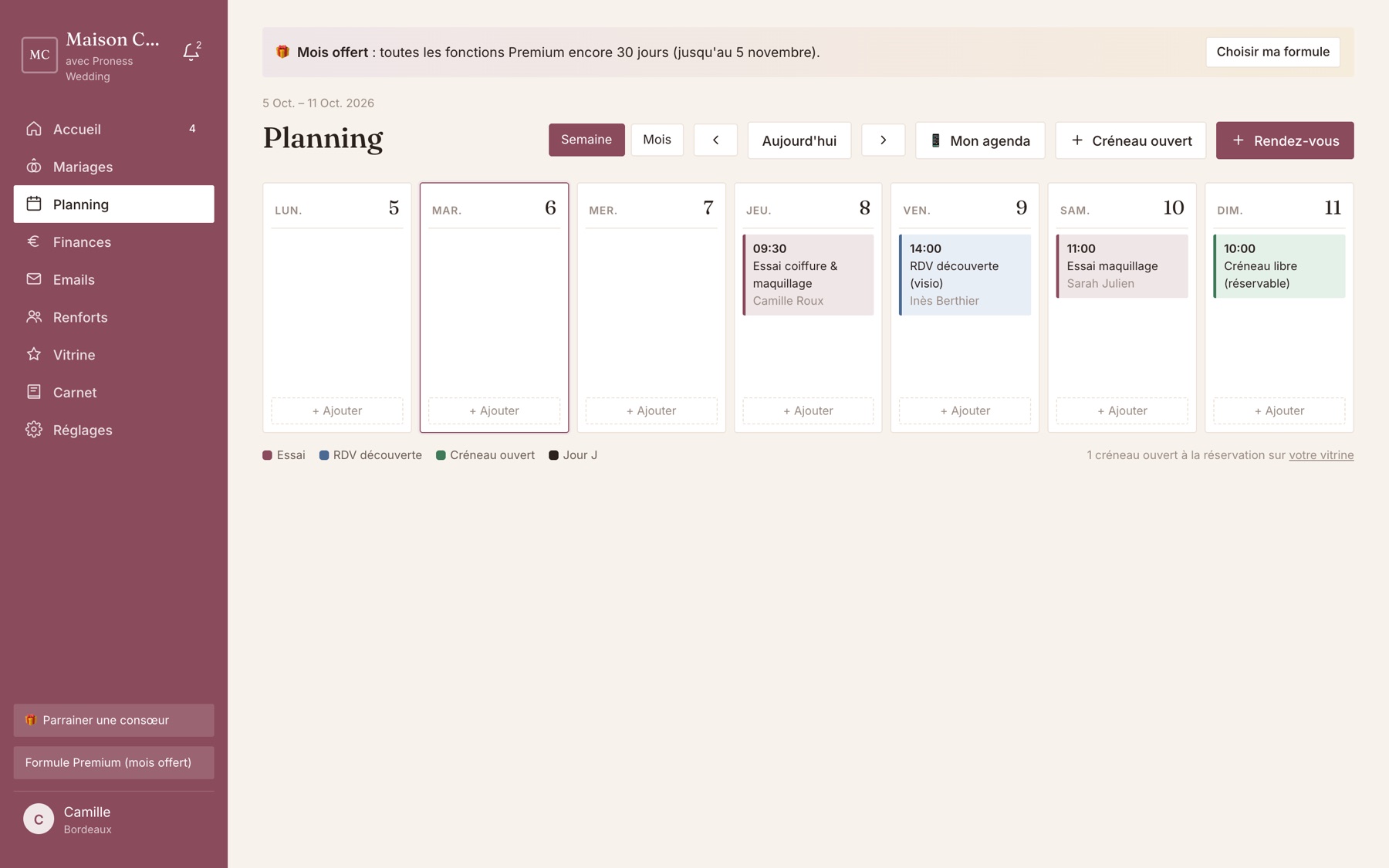 Planning de la semaine : essais, rendez-vous découverte et créneaux ouverts à la réservation